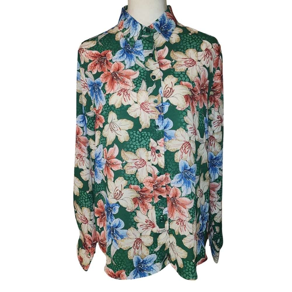 Rochelle Behrens The Shirt Green Floral Lily Button Down Blouse Size Large